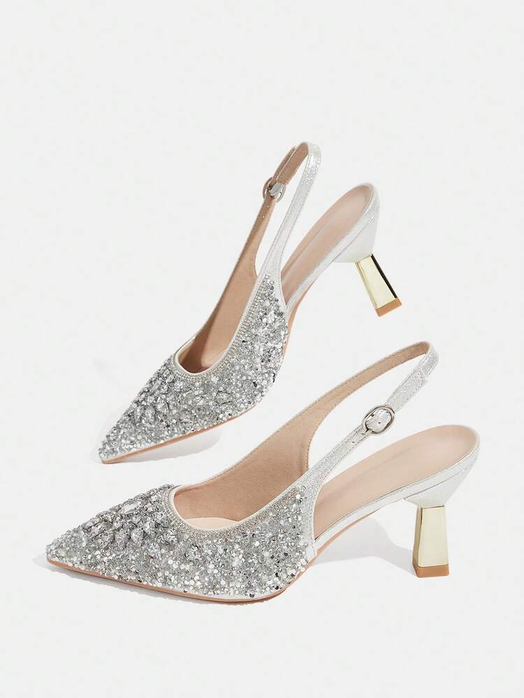 CUCCOO TILAWA Summer Ladies Elegant Luxury Rhinestone Back Empty Shoes Shopping Party Commuter Office Fashion Pointed Silver High Heels