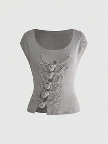 ROMWE Summer Outfits Romantic Hollow-Out Snap Button Design Square Neck Bodycon Knit Top - Grey - View 1