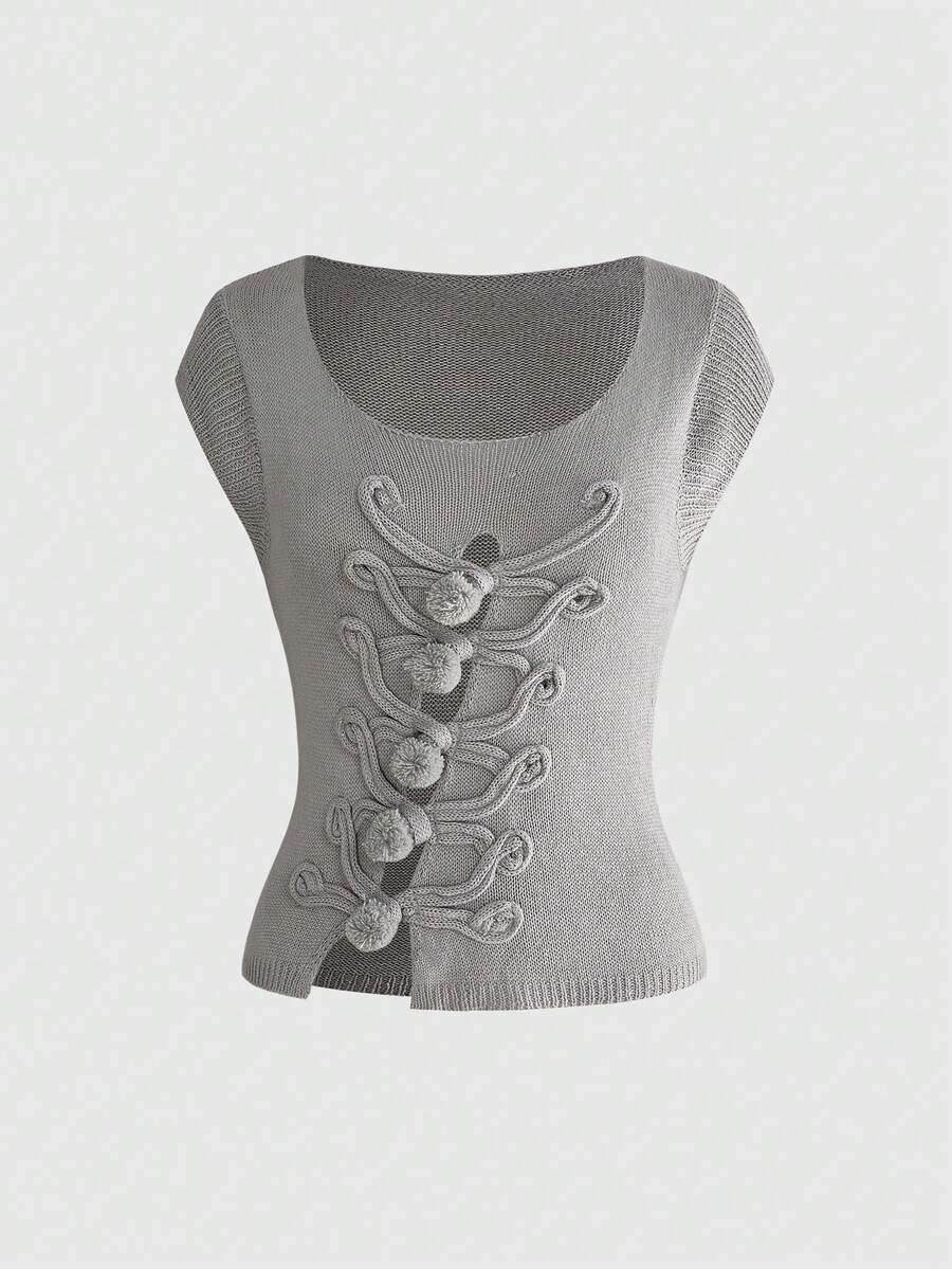 ROMWE Summer Outfits Romantic Hollow-Out Snap Button Design Square Neck Bodycon Knit Top - Grey - View 1