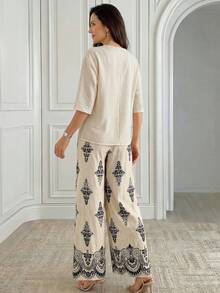 Miaspire Bộ đồ nữ phong cách thường ngày đi nghỉ mát, gồm áo cổ chữ V tay lửng và quần ống rộng, thích hợp cho mùa xuân, hè và thu. - Nhiều màu - Xem 2