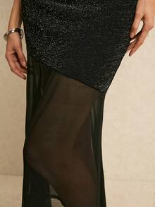 Poéselle Women's Elegant Sexy Black Glitter Off-Shoulder Midi Dress, Sheer Mesh Mermaid Hem, Summer Glow Party Night Out Wedding Guest Cocktail - Black - View 7