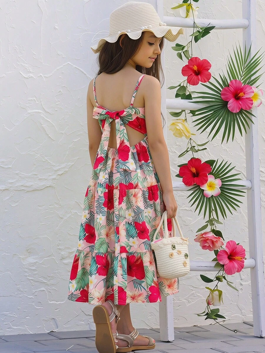 SHEIN 年轻女孩碎花休闲吊带连衣裙 - 玫紅色 - 查看 1