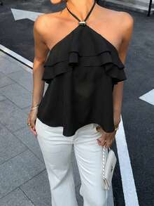 Siren Gaze Sexy Ruffled Backless Halter Neck Top For Summer,Summer Top - Black - View 5