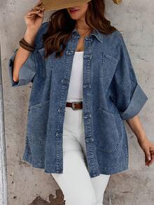 EMERY ROSE EMERY ROSE Chaqueta vaquera de talla grande con botones delanteros, holgada y casual, con mangas enrollables - Azul - Ver 2