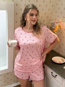 CottageSlumber Plus Size Women Plaid Cherry Print Rolled Hem Short Sleeve Shorts Pajama Set - Pink - View 5