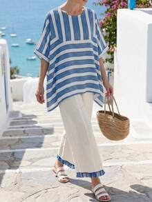 SHEIN Holidaya 女士优雅度假休闲夏季海滩度假套装印花T恤 - 藍色 - 查看 5