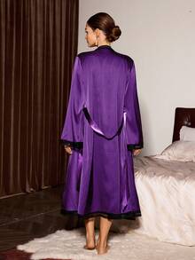 Slumberist Faux Silk Lace Patchwork Criss-Cross Backless Tie Robe Slip Dress 2 Pieces Set For Women Honeymoon Bridal Purple Autumn Elegant Sexy - Purple - View 2