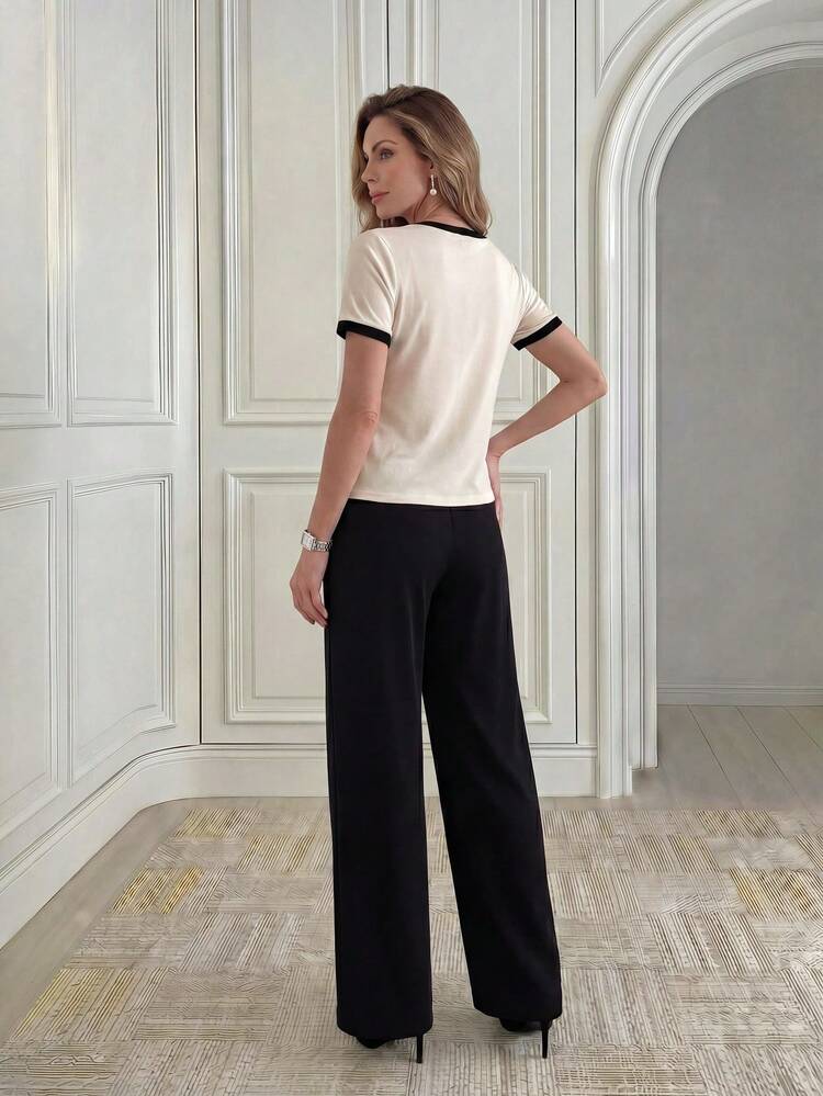 Women's Round Neck Contrast Trim Short Sleeve Top And Pants Casual 2 Pieces Set,Summer Set, Festival Outfits For Women ,Going Out Set,Elegant Set For Women,Work Outfits For Women