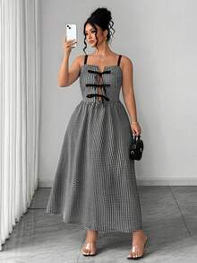 Elenzga Summer Fashion Casual Cute French Retro Elegant Tie Bow Plaid Camisole Dress Vacation Black And White - Black and White - View 5