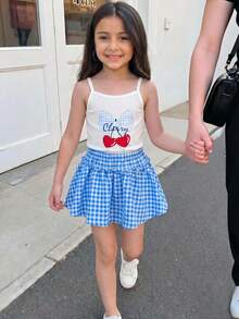 SHEIN 2pcs/Set Young Girls Summer Embroidered Knit Vest&Ditsy Floral Skirt Shorts,Casual Cute Cherry Leopard Gingham Print Camisole Top Matching Outfit Set - Multicolor - View 6