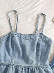 SHEIN PETITE 女士休闲牛仔吊带背心（荷叶边下摆）和牛仔裤套装，夏季 - 淺色水洗藍 - 查看 6
