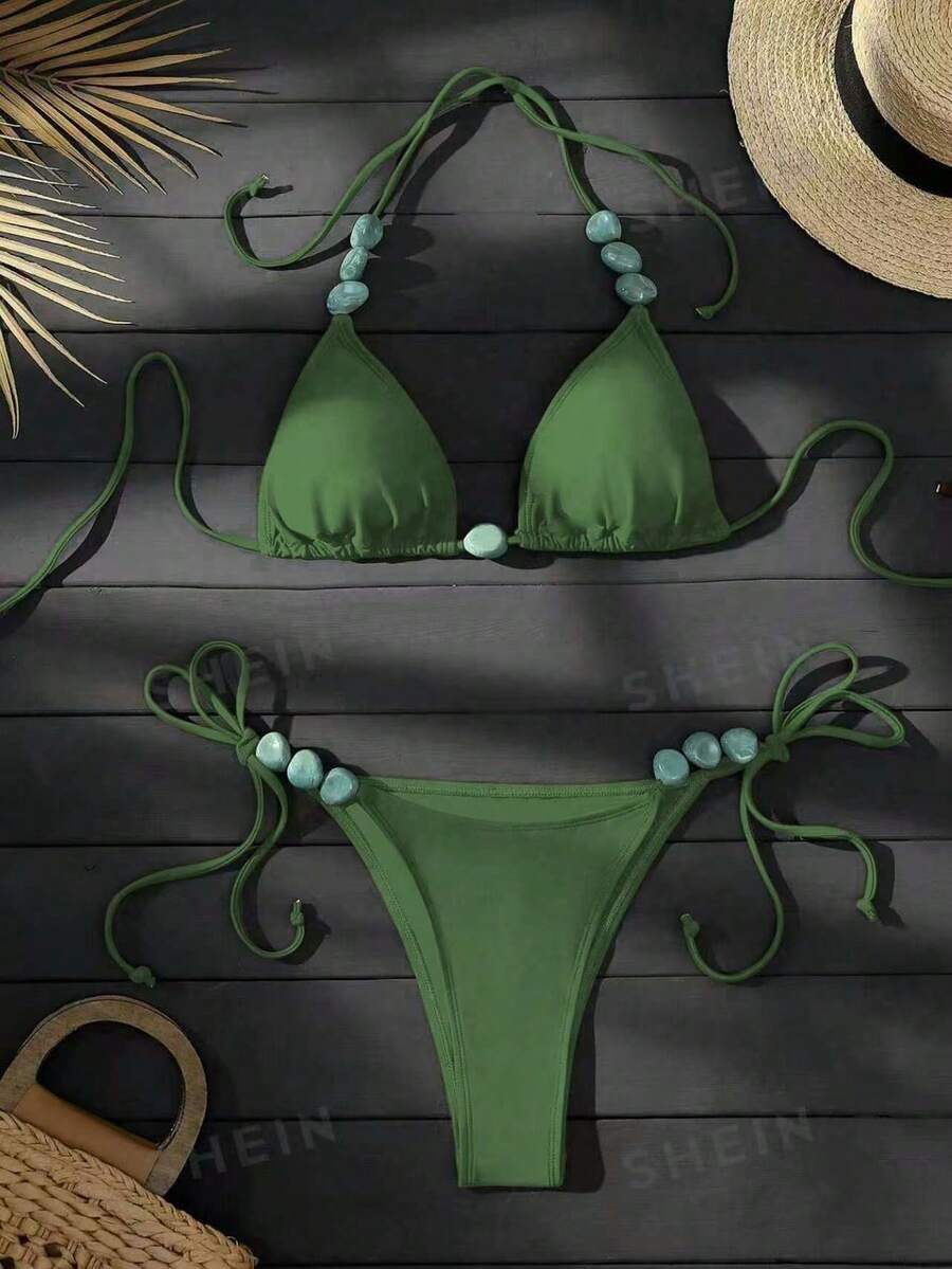 Swim Vcay Women's Summer Beach Halter Tie Jade Marble Green Patterned Decor, Beach, Pool, Casual Party, Vacation, Spring/Summer Bikini Set - Army Green - View 1