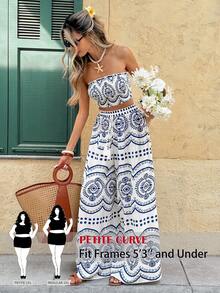 SHEIN PETITE CURVE Bộ đồ 2 món dành cho nữ cỡ lớn, in họa tiết cây cỏ, gồm áo ống lửng và quần ống rộng, thích hợp cho kỳ nghỉ. - Xanh và trắng - Xem 1