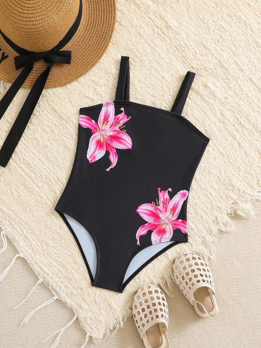 1 bộ đồ bơi liền thân in hoa lớn cho bé gái, thích hợp cho bơi lội và đi nghỉ mát, mùa hè - màu đen - Xem 1