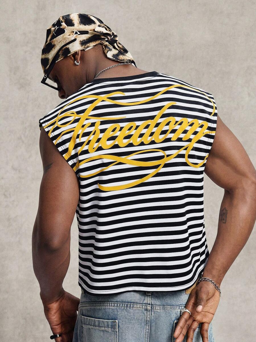 PAVTROS Men's Striped Letter Print Crew Neck Casual Tank Top - Black and White - View 1