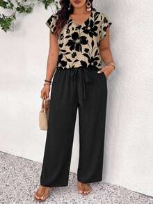SHEIN Frenchy Bộ đồ 2 món dành cho nữ cỡ lớn, in họa tiết hoa, màu kaki. - Nhiều màu - Xem 4