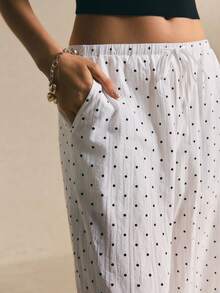 Poéselle Women's White And Black Polka Dot Drawstring Waist Loose Pants, Pocket Casual Country Pants,Boho Autumn Vacation Holiday Outfits, Vacation - Black and White - View 4