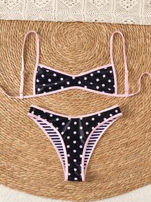 Swim Mod Women's Summer New Polka Dot & Striped Print Reversible Bandeau Bikini, Fashionable Beach Vacation Swimwear - Multicolor - View 7