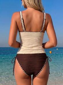 Swim Lushoire 女士纹理豹纹撞色吊带背心式比基尼泳衣，成熟优雅女士夏季新款沙滩派对度假风女士两件套泳衣泳衣 - 彩色 - 查看 2