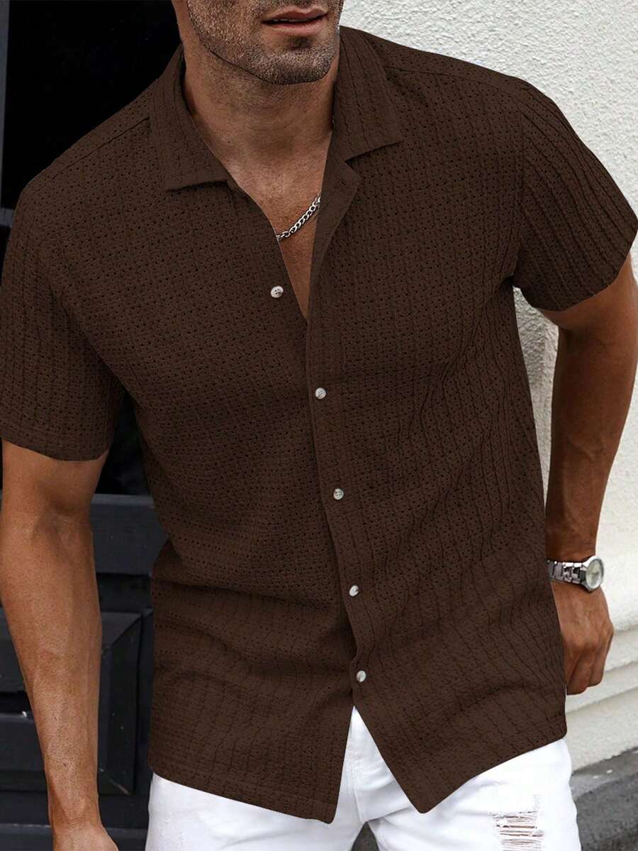 Manfinity Homme Plus Size Men's Casual Coffee Brown Shirt,Short Sleeve Ribbed Knit Button Up Top,Summer Vacation Holiday,Old Money Vintage Open Collar Stylish Shirt - Coffee Brown - View 1