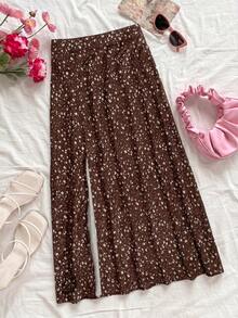 Soleia Falda casual con dobladillo dividido y estampado floral diminuto para vacaciones de mujer - Café integral - Ver 5