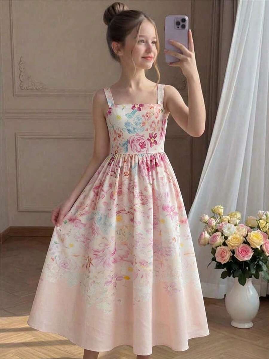 Tween Girl Casual Everyday Pink Floral Pattern A-Line Spaghetti Strap Dress - Pink - View 1
