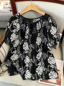 GlowEve CURVE Plus Size Women's Embroidered Casual Romantic Versatile Blouse, Suitable For Daily Wear, Commuting, And Vacation, Spring/Summer - Black - View 1