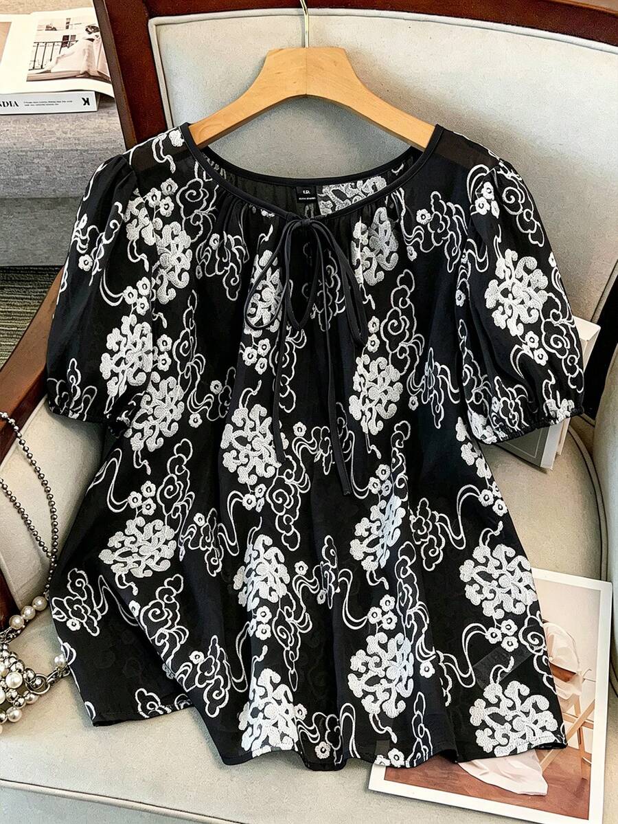 GlowEve CURVE Plus Size Women's Embroidered Casual Romantic Versatile Blouse, Suitable For Daily Wear, Commuting, And Vacation, Spring/Summer - Black - View 1