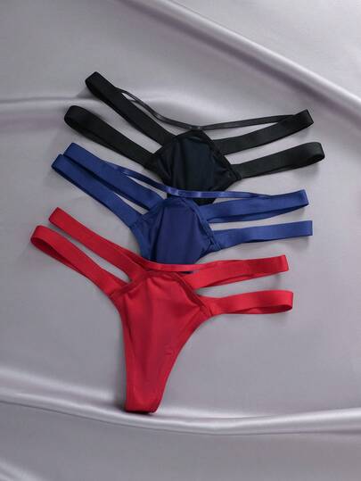 3pcs/Set Solid Color Hollow Out Detail G-String Underwear