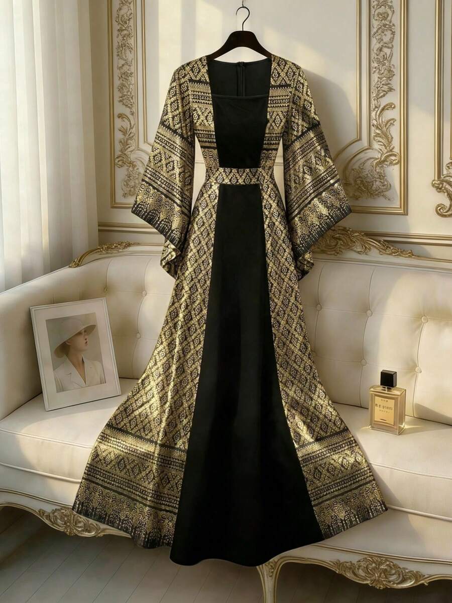 Franclia Vestido largo con cuello cuadrado, mangas anchas, cintura con lazo y decoración de patchwork para mujer - Negro y oro - Ver 1