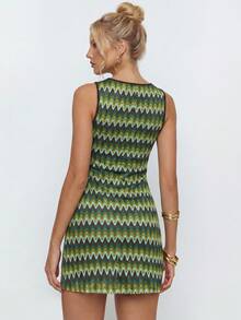 Avantive Women's Summer Beach Vacation Colorblock Zigzag Print Sleeveless Fitted Mini Dress - Multicolor - View 2