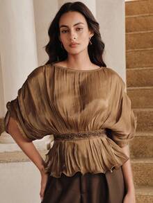 Anewsta Women's Elegant Shiny Fabric Round Neck Pleated Waist Beaded Decor Wavy Hem Top, Summer - Brown - View 3