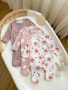 SHEIN 3件套新生女宝宝休闲可爱碎花针织长袖连体睡衣套装 - 粉色 - 查看 8