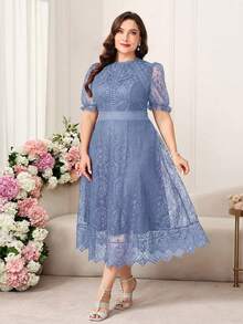 Reflora Plus Size Women's White Lace Midi Dress, Elegant Short Sleeve Summer Dress - Dusty Blue - View 3