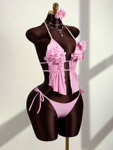 Zestiva Conjunto de biquíni feminino sexy com alças finas, costas nuas, estampa floral 3D e miçangas, ideal para férias de verão na praia. - Rosa - Ver 8