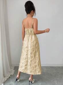 Vestido elegante de mujer con tirantes de espagueti y estampado jacquard, adecuado para invitadas de boda, fiestas de noche y galas; Vestido elegante de de mujer con cuello en V y pliegues - Rosa - Ver 8