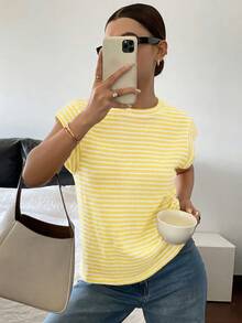 Camiseta casual de mujer de cuello redondo y manga corta, hecha de punto de guata - Amarillo - Ver 7