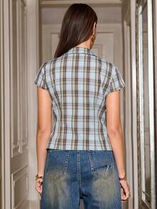 Modelyn Women's Fashionable Versatile Plaid Hollow Button Shirt, Suitable For Dates - Blue - View 5