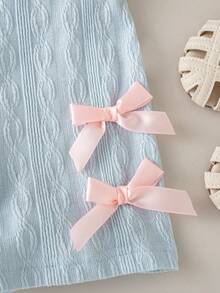 SHEIN Playful Pals 女婴休闲无袖弹力腰短款连体衣，纹理面料，蝴蝶结装饰，粉色，夏季 - 藍色 - 查看 6