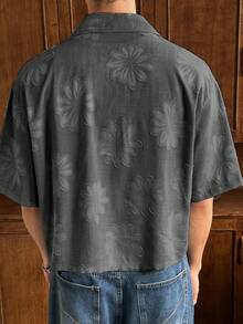 SWAVVY Áo sơ mi ngắn tay họa tiết hoa xanh trắng, chất liệu jacquard, thích hợp cho mùa xuân/hè, đi nghỉ mát hoặc dự tiệc. - Màu xám đen - Xem 2
