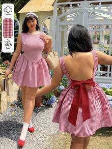 大码女装春夏时尚格子无袖露肩性感露背撞色蝴蝶结腰带A字休闲连衣裙（春夏款），适合学院风、度假、返校季、海滩/婚礼等场合。 - 彩色 - 查看 3