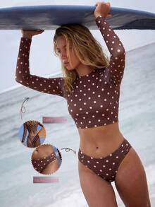 Swim SPRTY Women's Spring/Summer Sporty Long Sleeve Polka Dot Print Top + Matching Ruched Waist Swim Shorts - Brown - View 1