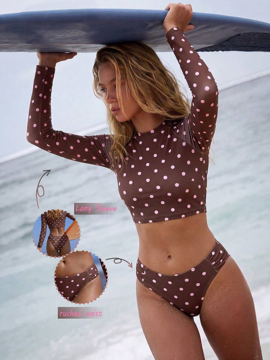 Swim SPRTY Women's Spring/Summer Sporty Long Sleeve Polka Dot Print Top + Matching Ruched Waist Swim Shorts - Brown - View 1