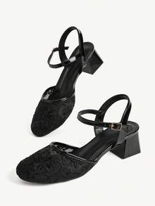 CUCCOO CHICEST Ladies Round Toe Fashion Simple Mesh Casual Mary Jane Saddle Strap High Heel Coarse Heel Sandals Summer Shoes - Black - View 11