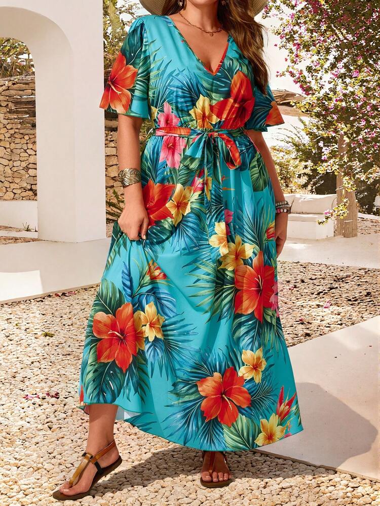 Plus Size Women Tropical Plant Print Ruffle Sleeve Dress Tropical Dresses Women Vacation Outfits Women Hawaiian Outfit For Women Dress Zanzea Dress For Women Plus Size New Arrival Dress For Women Casual