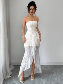 Elenzga Đầm nữ mùa hè màu trắng ren, chất liệu vải dệt kim màu mơ, không dây vai, ôm sát eo thấp, dáng suông, xếp ly, phối nhiều lớp phía trước, xẻ tà cao, kiểu đuôi cá. - trắng - Xem 3