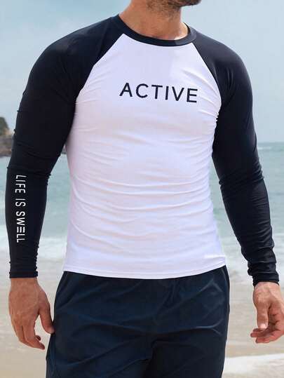 DAZY Color Block Letter Print Slim Fit Men's Rash Guard Vacation Summer