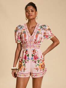 Travachic Women's Summer Tropical Print Vacation Romper With Puff Sleeves - Pink - View 6