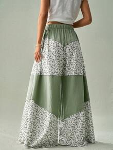 SoleilVie Quần ống rộng phối hoa mùa xuân hè mới, cạp thường, lưng thun, kiểu quần maxi đi nghỉ dưỡng. - màu xanh lá - Xem 2