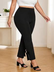 SHEIN CURVE+ Plus Size Women's Autumn Pants, Bowknot Hem, High Stretch Fabric, Wedding Wedding Guest Season Black Elegant - Black - View 7